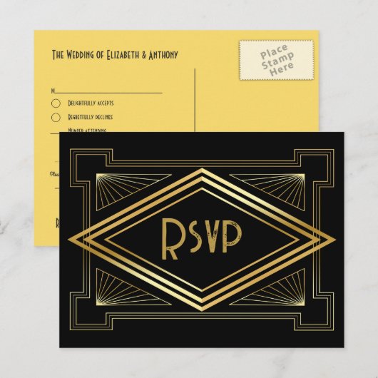 Schwarz-goldene Art Deco-Hochzeit RSVP QR-Code Postkarte (Vorne/Hinten)