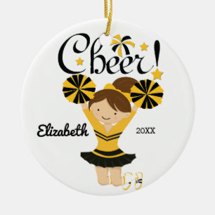 Schwarz-goldene Cheer Brunette Cheerleaderin Dekof Keramik Ornament