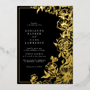 Schwarz-goldene Floral   Formelle, düstere Hochzei Folieneinladung