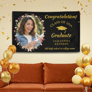 Schwarz-goldene florale Foto-Gratulation zur Absch Banner