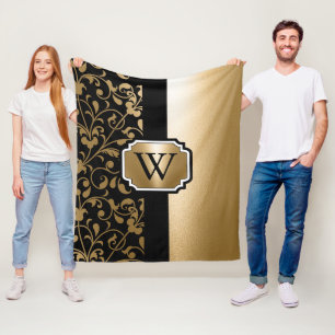 Schwarz-goldene florale Vintage-Muster Fleecedecke