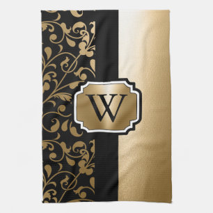 Schwarz-goldene florale Vintage-Muster Geschirrtuch