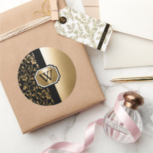 Schwarz-goldene florale Vintage-Muster Runder Aufkleber