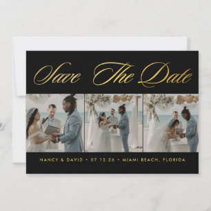 Schwarz-goldene Fotocollage Strandhochzeit Save The Date