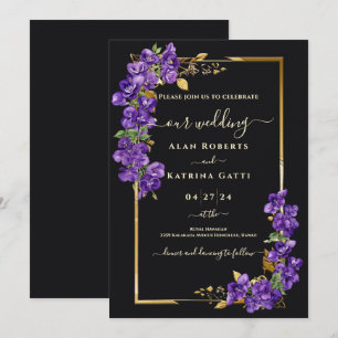 Schwarz-goldene Hochzeit Lila Veilchen Elegante H Einladung