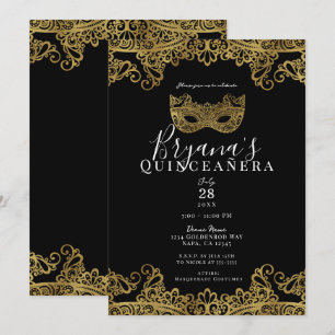 Schwarz-goldene Maskerade zum 15. Quinceañera-Jubi Einladung