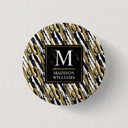 Schwarz-goldener Glitter Weiß Tier Zebra-Muster Button (Vorderseite)