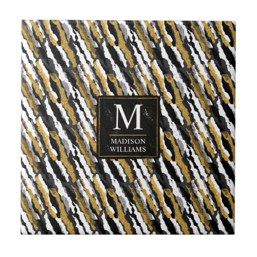 Schwarz-goldener Glitter Weiß Tier Zebra-Muster Fliese (Vorderseite)