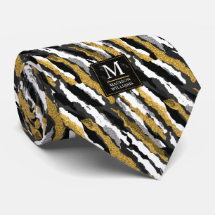 Schwarz-goldener Glitter Weiß Tier Zebra-Muster Krawatte