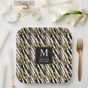Schwarz-goldener Glitter Weiß Tier Zebra-Muster Pappteller