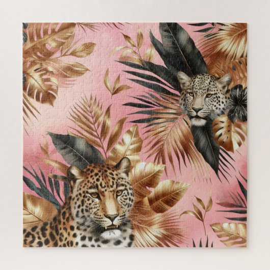 Schwarz-goldener Leopard vor rosa Hintergrund Puzzle (Vertikal)