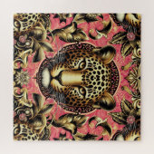 Schwarz-goldener Leopard vor rosa Hintergrund Puzzle (Horizontal)
