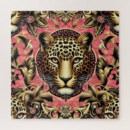 Schwarz-goldener Leopard vor rosa Hintergrund Puzzle (Vertikal)