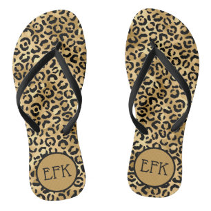Schwarz-goldener Leopardenprint-Tierdruck-Monogram Badesandalen