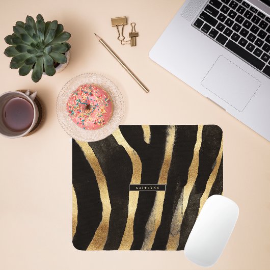 Schwarz-goldener Zebradruck | Monogramm Mousepad