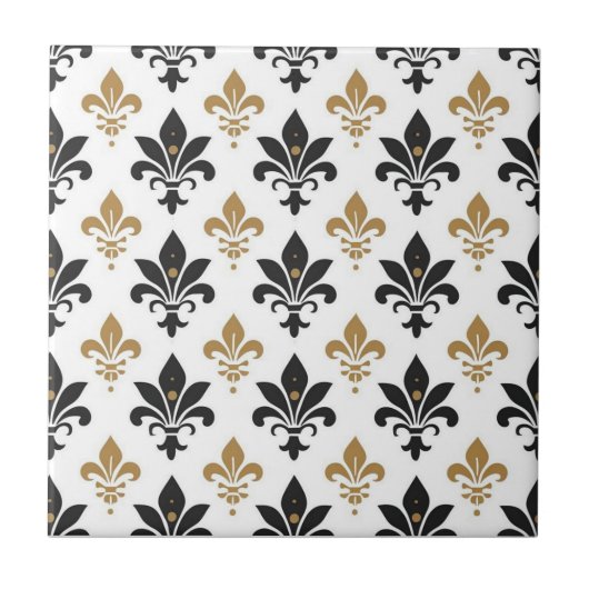 Schwarz-goldenes Fleur-de-Lis-Muster Fliese (Vorderseite)