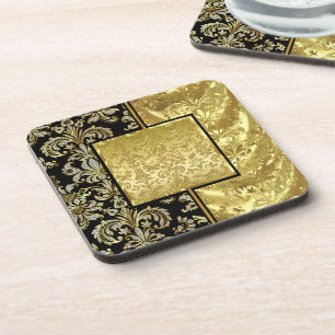 Schwarz-goldenes Vintage-Blumendamast-Muster Untersetzer