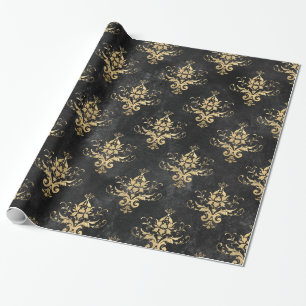 Schwarz-goldenes Vintage-Damaskmuster Geschenkpapier