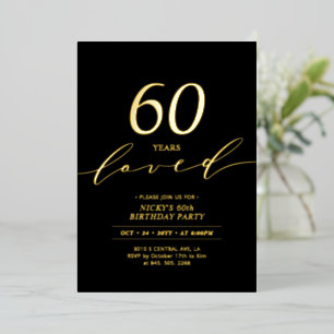 Schwarz & Goldfolie 60 Jahre geliebt 60. Geburts Folieneinladung