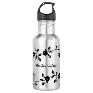 Schwarz-Gothic Floral Water Flasche mit Name Edelstahlflasche