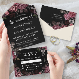 Schwarz-Gothic-Hochzeit mit floralen dunklen Rose All In One Einladung