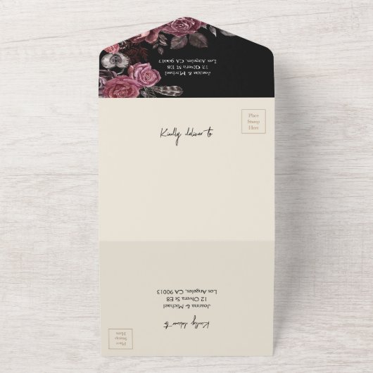 Schwarz-Gothic-Hochzeit mit floralen dunklen Rose All In One Einladung (Außenbereich)