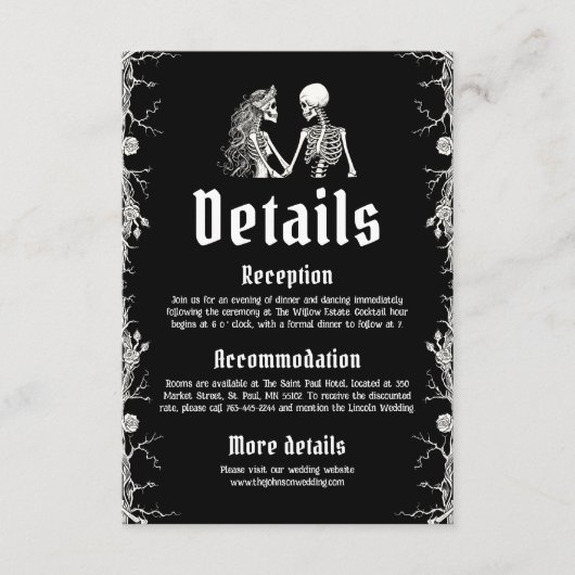 Schwarz-Gotisches Halloween-Skelett Hochzeitsdetai Begleitkarte (Vorderseite)