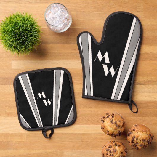 Schwarz-Grau-Art-Deco-Design Mit Monogramm Ofenhandschuh & Topflappen-Set (Oben Unten)