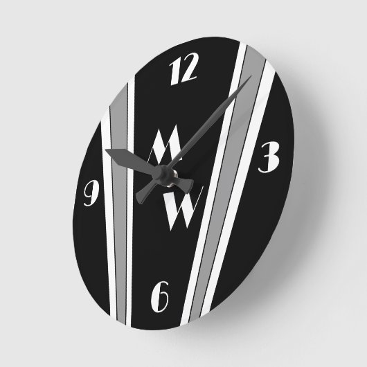 Schwarz-Grau-Art-Deco-Design Mit Monogramm Runde Wanduhr (Winkel)
