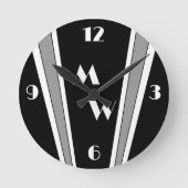 Schwarz-Grau-Art-Deco-Design Mit Monogramm Runde Wanduhr (Vorderseite)