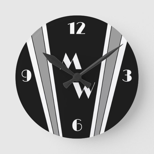 Schwarz-Grau-Art-Deco-Design Mit Monogramm Runde Wanduhr (Vorderseite)