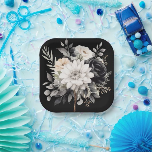 Schwarz-Grau-Blume Pappteller (Party)