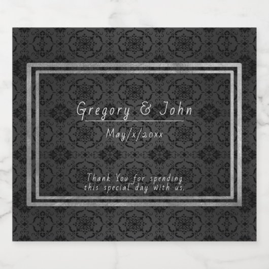 Schwarz-Grau-Damaskus-Silberstreifen-Border-Hochze Schaumweinetikett (Einzelnes Label)