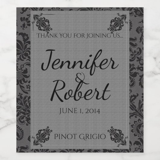 Schwarz-Grau-Damast-Hochzeitsweinlabel Weinetikett (Einzelnes Label)