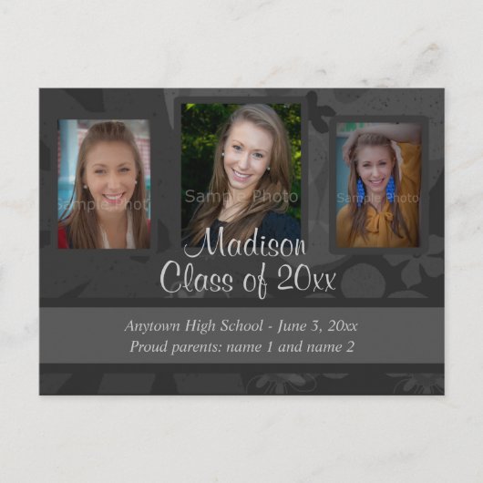 Schwarz & Grau Drei Foto Abschluss Save the Date Ankündigungspostkarte (Vorderseite)