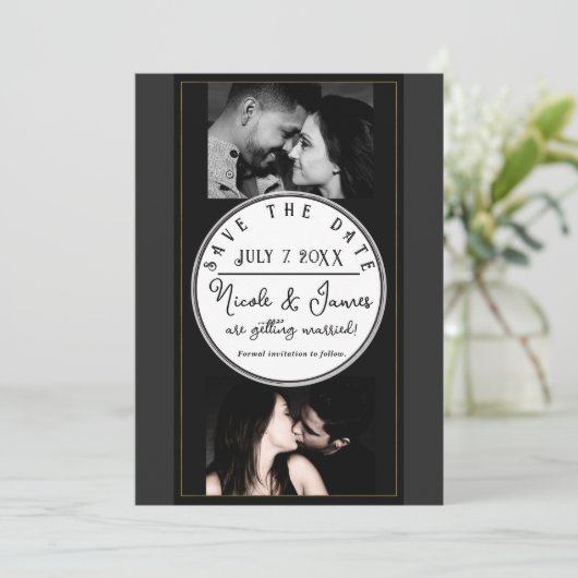 Schwarz-Grau-Gold Moderner Minimal Save the Date (Stehend Vorderseite)