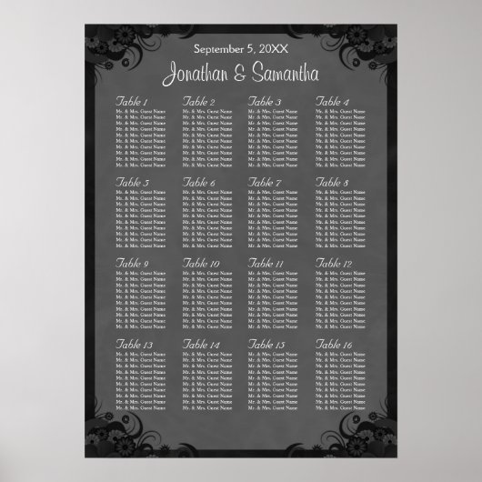 Schwarz/Grau Goth Hochzeit 16 Tischkarten Poster (Vorne)