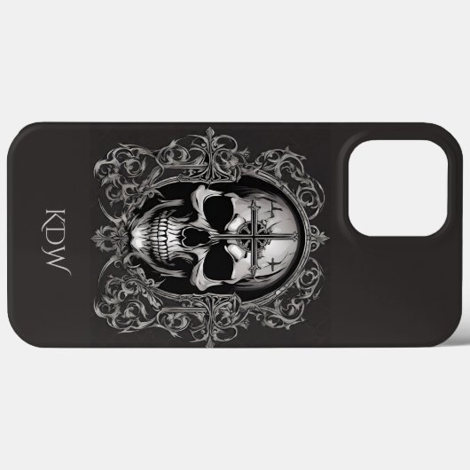 Schwarz/Grau-Gothic-Skull-Monogramm Case-Mate iPhone Hülle (Rückseite (Horizontal))