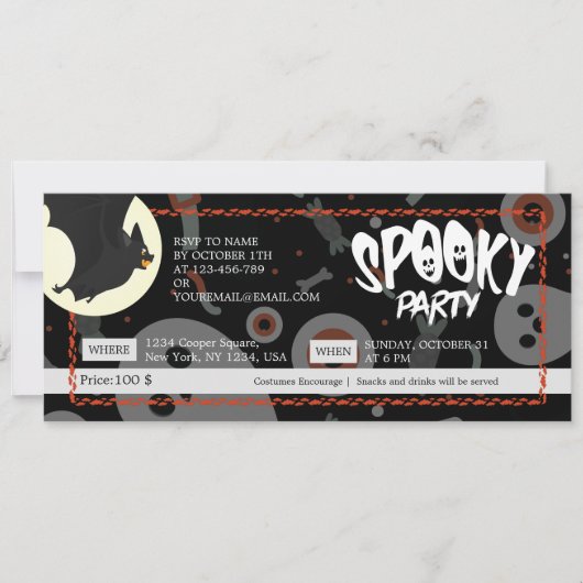 Schwarz/Grau Halloween Spooky Party Ticket Save The Date (Vorderseite)