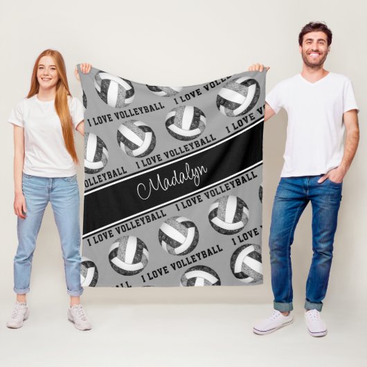 Schwarz-Grau-I-Liebe-Volleyball-Textmuster Fleecedecke (Beispiel)