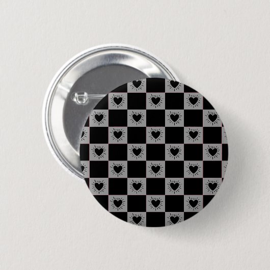 Schwarz&Grau karierte Fliese mit Herzen-Muster Button (Vorne & Hinten)