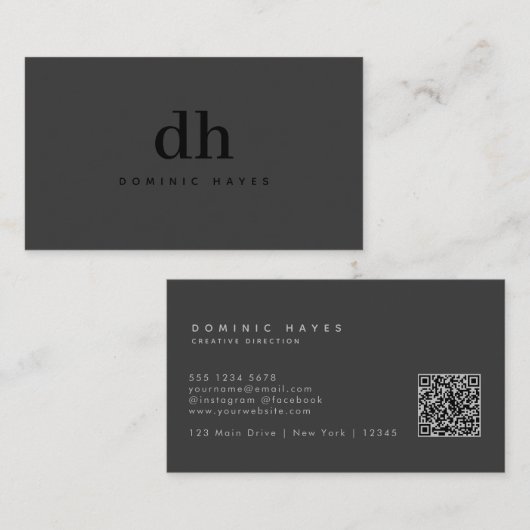 Schwarz Grau Minimal Monogramm QR-Code Professiona Visitenkarte (Vorne/Hinten)