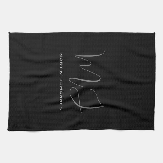 Schwarz-Grau-Mit Monogramm Name Moderner Minimalis Geschirrtuch (Horizontal)
