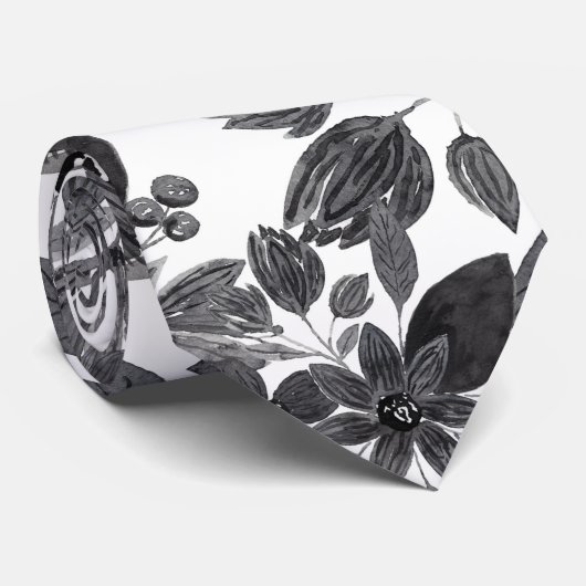 Schwarz-Grau-Monochrome-Aquarellfarben-Blume-Blätt Krawatte (Gerollt)
