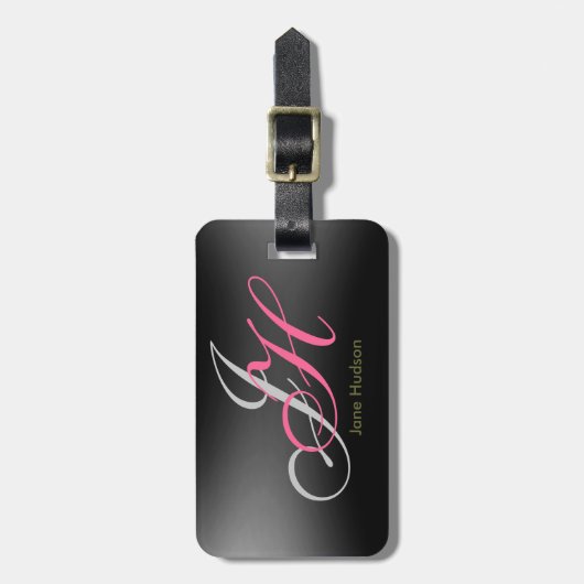 Schwarz-Grau-Monogramm-Initialen Einfach Schlicht Gepäckanhänger (Vorderseite vertikal)