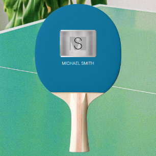 Schwarz-Grau-Monogramm, weißer Name, Silber, Blau Tischtennis Schläger