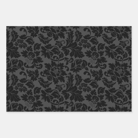Schwarz & Grau Monotones Floral Damask Geschenkpapier Set (Vorderseite)