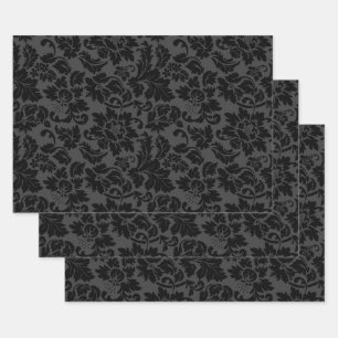 Schwarz & Grau Monotones Floral Damask Geschenkpapier Set