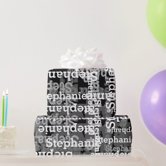 Schwarz/Grau Personalisierter Name Collage Geburts Geschenkpapier (Partygeschenke)