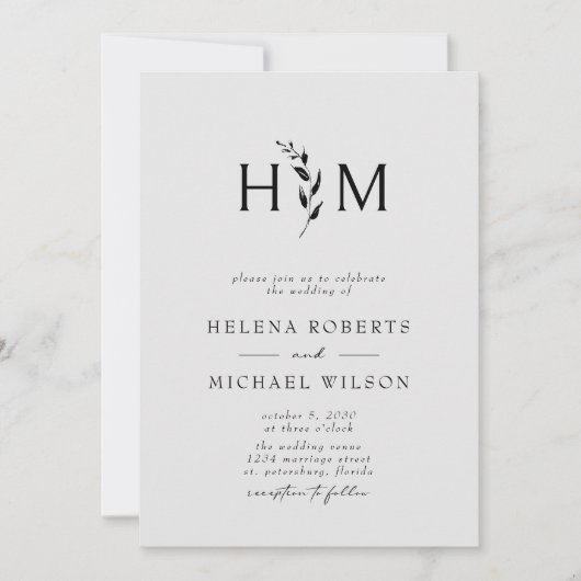 Schwarz-Grau-QR-Code UAWG Botanische Monogramm-Hoc Einladung (Vorderseite)